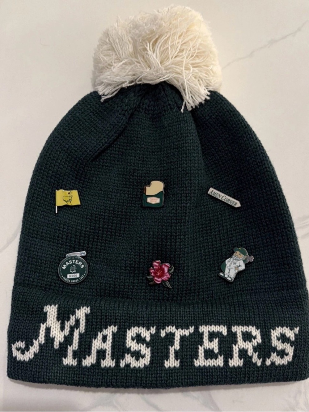 2026 Masters Women’s Beanie with SIX Pins Pom Pom Dark Green Golf